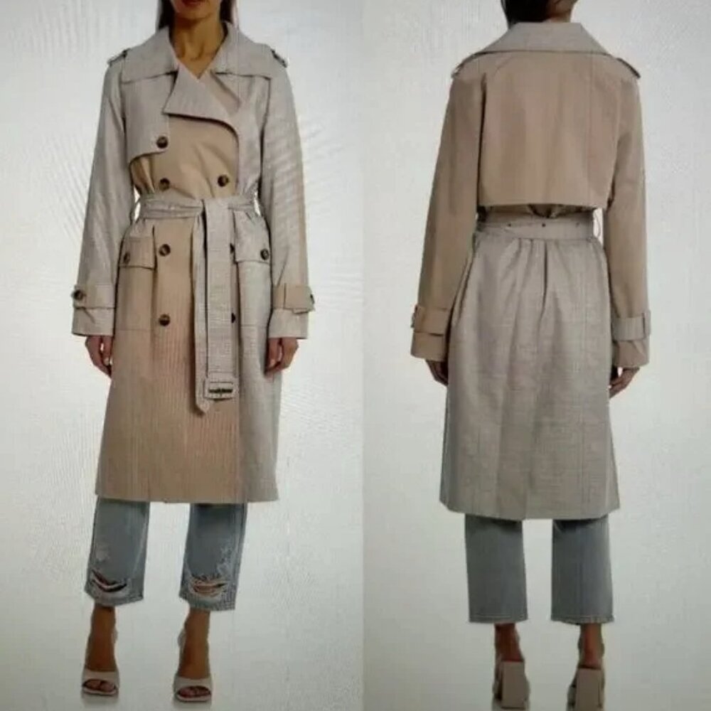 Avec Les Filles women XS color block raglan trench coat mixed media belted plaid